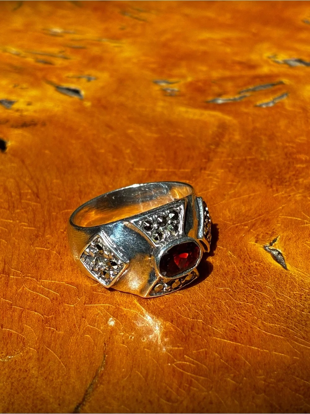 Sterling Silver Garnet Art Deco Ring - Deep Red Gemstone